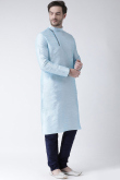 Plain Dupion Silk Powder Blue Men's Kurta Pajama