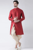 Plain Dupion Silk Red Men's Kurta Dhoti for Wedding & Party