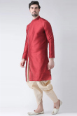 Plain Dupion Silk Red Men's Kurta Dhoti for Wedding & Party