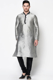 Plain Dupion Silk Silver Men's Kurta Churidar for Wedding & Party