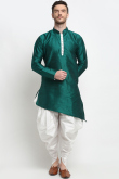 Plain Dupion Silk Teal Green Men Asymmetric Dhoti Kurta 