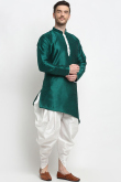 Plain Dupion Silk Teal Green Men Asymmetric Dhoti Kurta 