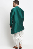 Plain Dupion Silk Teal Green Men Asymmetric Dhoti Kurta 