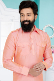 Plain Embroidered Dupion Silk Salmon Peach Men Kurta Pajama