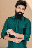 Plain Embroidered Dupion Silk Teal Green Men Kurta Pajama