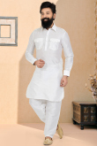 Plain Embroidered Dupion Silk White Men Kurta Pajama