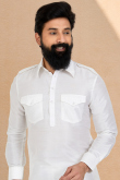Plain Embroidered Dupion Silk White Men Kurta Pajama