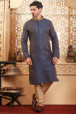 Plain Jacquard Dark Blue Men Kurta Pajama