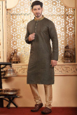 Plain Jacquard Olive Brown Men Kurta Pajama