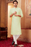 Plain Light Green Poly Silk Men Kurta With Churidar
