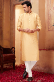 Plain Light Peach Poly Silk Men Kurta With Churidar