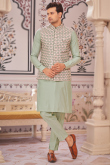 Plain Light Sage Green Jacket Style Silk Men's Kurta With Trouser Pants