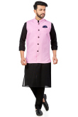 Plain Linen Black Men Kurta Pajama With Pink Wasitcoat