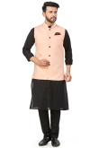 Plain Linen Black Men Kurta Pajama With Peach Wasitcoat
