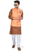 Plain Linen Brown Men Kurta With Churidar 