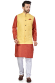 Plain Linen Coral Pink Men Kurta With Churidar