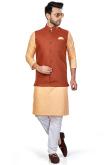 Plain Linen Light Peach Men Kurta With Churidar