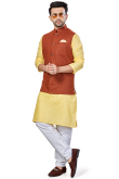 Plain Linen Light Yellow Men Kurta With Churidar 