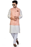 Plain Linen Off White Men Kurta With Churidar