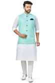 Plain Linen White Men Kurta Pajama With Mint Green Waistcoat