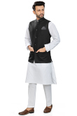 Plain Linen White Men Kurta Pajama With Black Waistcoat