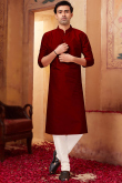 Plain Maroon Poly Silk Men Kurta With Churidar