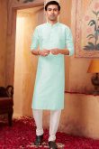 Mint Blue Traditional Party Wear Men Kurta Pajama in Poly Silk