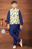 Plain Navy Blue Dupion Silk Jacket Style Boy's Kurta Pajama 