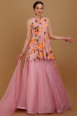 Plain Organza Salmon Pink Wedding Lehenga With Long Choli