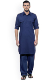 Plain Poly Cotton Navy Blue Pathani Men Kurta Salwar