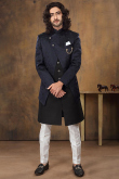 Plain Silk Black Men Sherwani With Woven Silk Jacket 