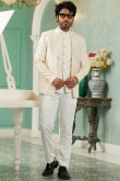 Plain Silk Cream Jacket Style Men's Coat Pant