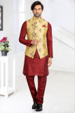 Plain Silk Dark Maroon Men Kurta Pajama With Woven Jacket