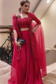 Plain Silk Ruby Red Cape Style Lehenga