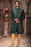 Plain Teal Green Dupion Silk Jacket Style Men's Sherwani 