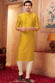 Plain Turmeric Yellow Poly Silk Men Kurta With Churidar