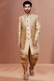Plain Woven Zari Dupion Silk Beige Men Sherwani