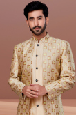 Plain Woven Zari Dupion Silk Beige Men Sherwani