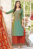Resham Embroidered Silk Green Straight Pant Suit