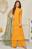 Glorious Yellow Cotton Straight Pant Suit With Resham Work
