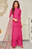 Luxurious Pink Cotton Straight Pant Suit With Resham Work