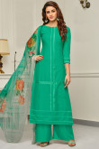 Dazzling Green Cotton Straight Pant Suit With Resham Work