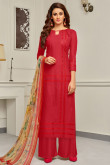 Red Cotton Embroidered Straight Pant Suit