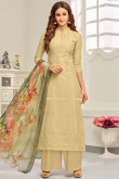 Lovely Cream Cotton Straight Pant Suit With Resham Work