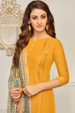 Glorious Yellow Cotton Straight Pant Suit With Resham Work