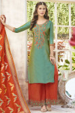 Fern Green Silk Embroidered Palazzo Pant Suit