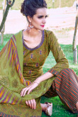 Green Cotton Embroidered Straight Pant Suit
