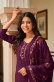 Plum Purple Chinnon Embroidered Straight Cut Suit