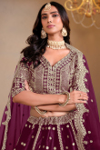 Plum Purple Chinnon Lehenga with Zari Work for Diwali 