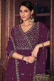 Plum Purple Georgette Embroidered Angrakha Style Anarkali Suit 